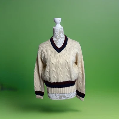 Vintage Tally Ho Ivory Wool Cable Knit Sweater Women Tag Sz L Wimbledon Stripes - Image 1 of 4