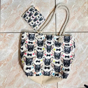 Frenchie Floating Head Tote Strandtasche Alltagstasche schwarz pink weiß Reißverschluss - Bild 1 von 6