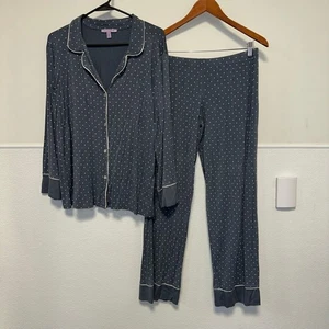 Hale Bob Women's Blue White Polka Dot Pajama Set Large Button Down Sleepwear - Picture 1 of 17