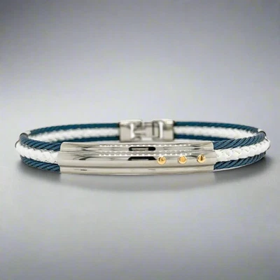 Stainless Steel Blue & White Leather Cable Bracelet - Image 1 of 4