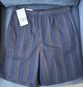 NUEVO CON ETIQUETAS ZARA HOMBRE TALLA Mediana Azul Marino Rayas Bermudas Pantalones Cortos Cintura Elástica con Cremallera - Imagen 1 de 9
