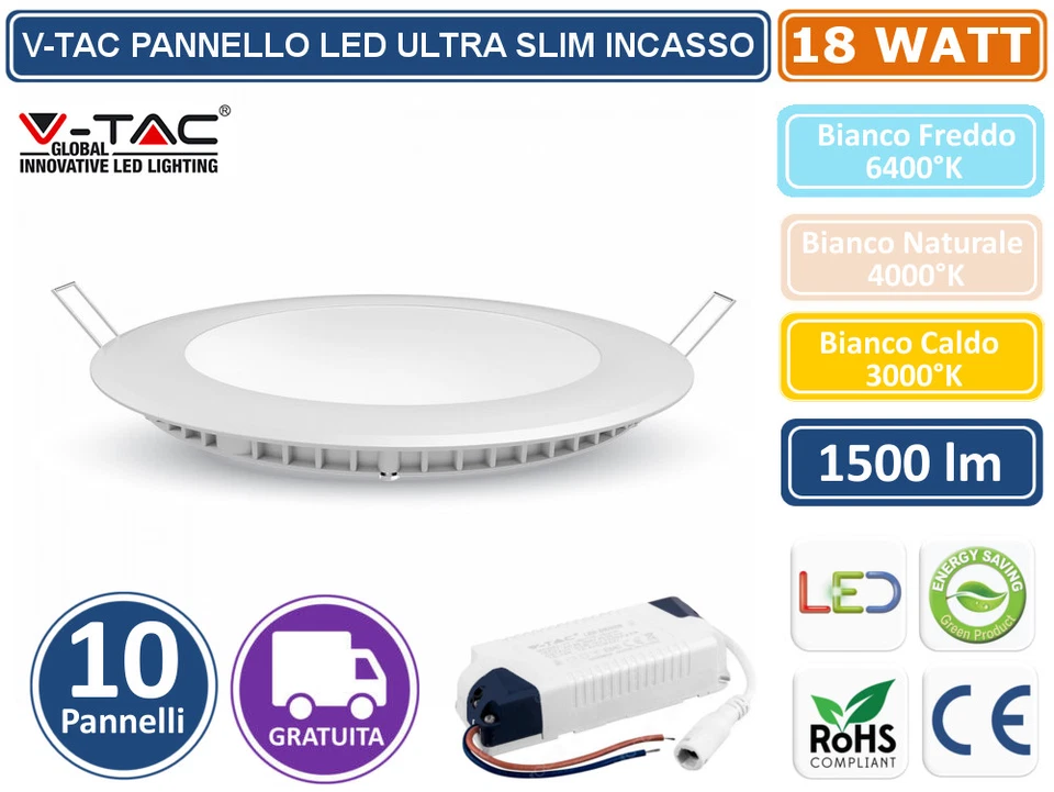 SET10 PANNELLI V-TAC FARETTO FARO LED VT1807RD ULTRASLIM DA INCASSO 18W ROTONDO - Immagine 1 di 1