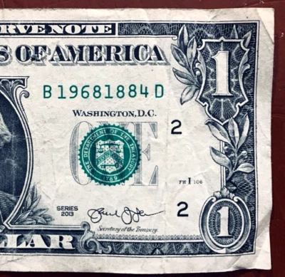 1968 Leading Birthday Year Note One Dollar Bills Fancy Serial Number  B19681884D - Image 1 of 3