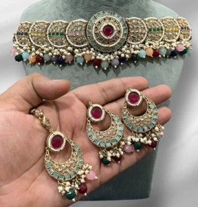 Juego de joyas de gargantilla Kundan a todos los colores disponibles al por mayor Polki más barato enchapado en oro - Imagen 1 de 4