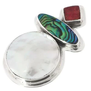 925 Silver Mother Of Pearl Shell Paua Abalone Red Coral Sterling Pendant, 1 5/8" - Picture 1 of 4