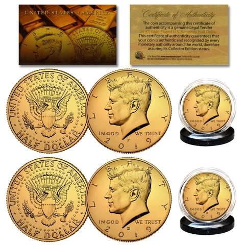 2019 24K GOLD Clad JFK Kennedy Half Dollars 2-Coin Set P&D MINT w/COA & HOLDERS Cover