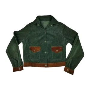 Vtg Lady Wrangler Corduroy Cropped Jacket Sz 11/12 Green Leather Accent RARE - Picture 1 of 16