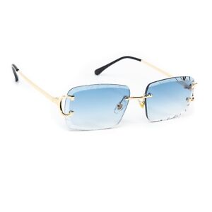 Hip Hop Men's Gem Cut Blue Tint Gold Frame Rimless Luxury Rectangle Sunglasses