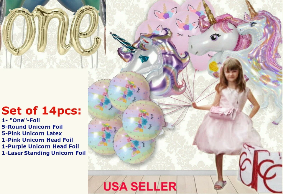 "ONE" 1st UNICORN BIRTHDAY PARTY FOIL LATEX BALLOONS PINK PURPLE 1 First, lot - Image 1 of 4