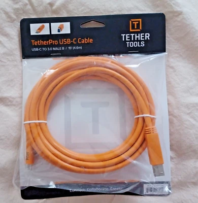 New Tether Tools 15' TetherPro USB-C to 3.0 Male B Cable Orange CU3415-0RG - Image 1 of 4