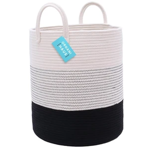 Black & White Blanket Storage Basket for Living Room 15X18, Woven Nursery Hamper - Picture 1 of 12