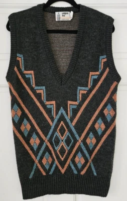 Vtg London Fog 80's Sweater Vest Large Tall Gray Peach Aqua Geometric Deep Vneck - Image 1 of 4
