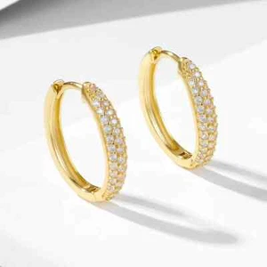 9ct Yellow Gold on Silver Simulated Diamond Huggie Hoop Ladies Earrings 20mm - Picture 1 of 13