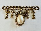 Vintage Gold Plated Brooch Pearl Drop Dangle Moon Crescent Charms Curb Chain Bar