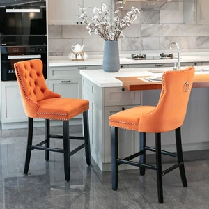 Bar Stools Set of 2 Velvet Kitchen Counter Barstools W/ Button Tufted Orange NEW - Picture 1 of 10