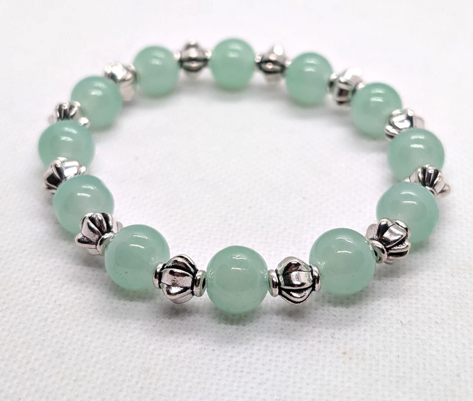 Pulsera elástica boho 10 mm verde claro jade y plata tibetana elástica para mujer Foto 1 de 1
