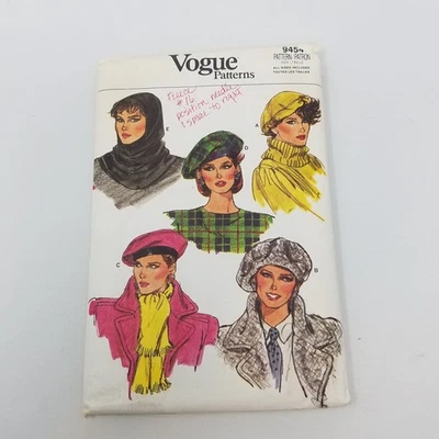 Vogue Accessories Sewing Pattern 9454 Hat Cap Headwear Hood Womens Sizes S M L - Image 1 of 4