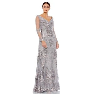 NWT Mac Duggal Embellished Illusion Gown Dress Long Sleeve V-Neck Silver Size 16 - Picture 1 of 12