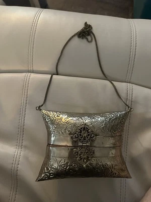 Art Deco Style Stamped Metal Pillow Clutch Shoulder Bag - Image 1 of 3