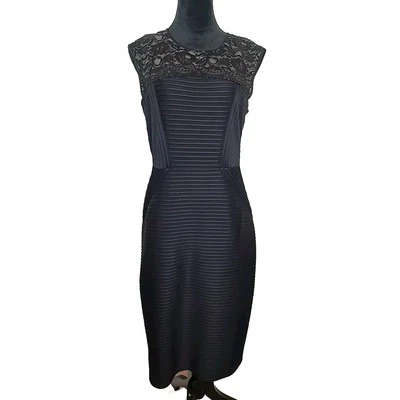 Vestido LONDON TIMES Negro Encaje Acanalado Sin Mangas Talla 12 Muy Elegante Nuevo con Etiquetas Foto 1 de 4