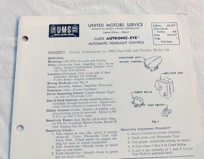 1958 Chevrolet Impala Pontiac Original GM Autronic Eye Service/Repair Info NOS - Image 1 of 3