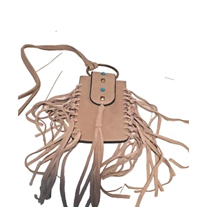 MUDD Tan Fringe Crossbody Phone Bag Boho Western Faux Turquoise Pre-owned - Picture 1 of 9