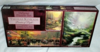 NEW VINTAGE THOMAS KINKADE PAINTER OF LIGHT DELUXE 3 JIGSAW PUZZLE SET CEACO - Image 1 of 4