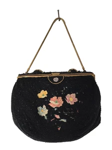 VTG French Saks Fifth Ave Iridescent Black Beaded, Floral Needlework Purse - Picture 1 of 5