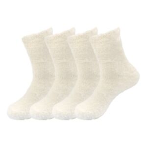 Women's Polar Bear White Ivory Fuzzy Cozy Warm Plush Lounge Socks - 4 Pair