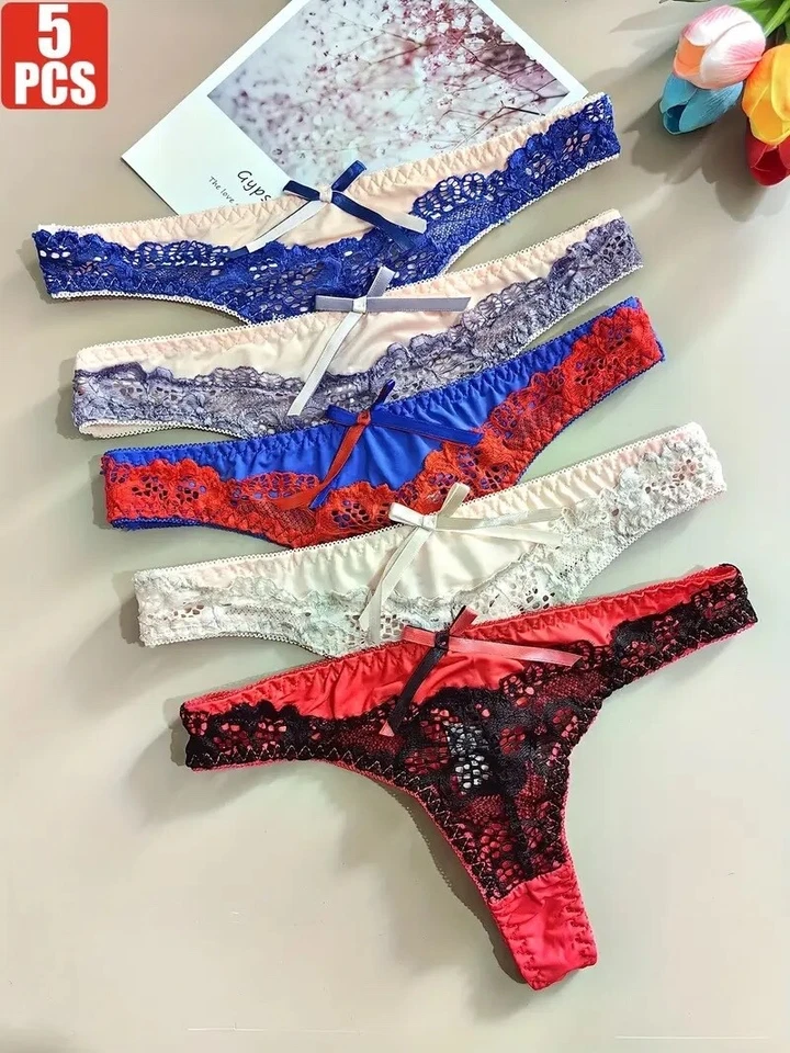 5er-Set Damen String Slips Spitze Schleife Sexy Tanga Sexy Unterwäsche Farbmix - Bild 1 von 4