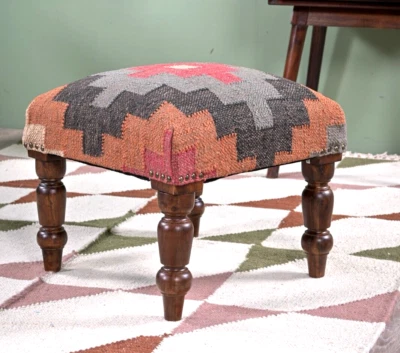 Handcrafted Acacia Wood Stool | Decorative Kilim Upholstered Pouf Footstool - Image 1 of 4