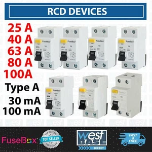 Fusebox RCD Residual Current Devices 2 POLE 25A 40A 63A 80A 100A 30-100mA TYPE A