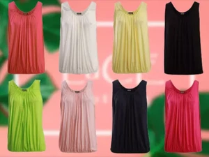 New Women Soft Stretch Italian Loose Fit Elastic Hem Sleeveless Vest Top T Shirt - Picture 1 of 66