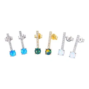 Ethiopian Opal Bar Stud Drop Earrings 18k Gold Plated Sterling Silver 925 3x15mm - Picture 1 of 7