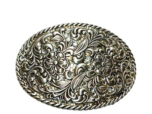Nocona Womens Rhinestone Floral Belt Buckle in box=3.5" long = Silver tone - Picture 1 of 11