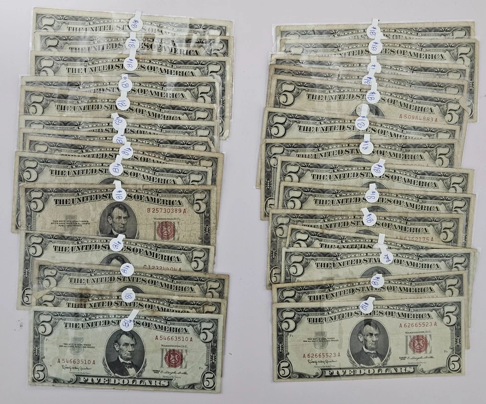 1953 年或 1963 年五美元钞票红印 ~ 5 美元钞票严重流通美国货币 — 第 1/1 张图片