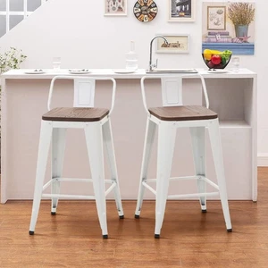 Metal Bar stools 24'' Counter Height Kitchen Bar Chairs Set of 2 Stackable White - Picture 1 of 7