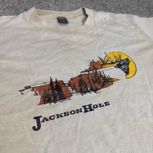 T-shirt vintage anni 80 Jackson Hole Wyoming Nature Vacation beige marrone terra XL - Foto 1 di 8