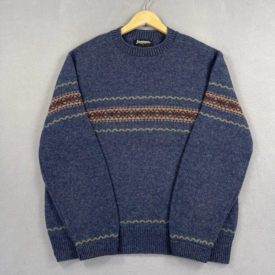 Vintage Jantzen Sweater Mens Large Blue Acrylic Wool Blend Holiday Made In USA - Image 1 of 4