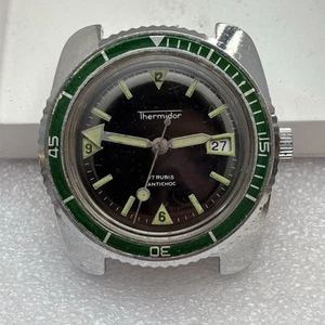 Reloj de buceo Thermidor vintage roto piel verde 37 mm acero inoxidable - Piezas - Imagen 1 de 6