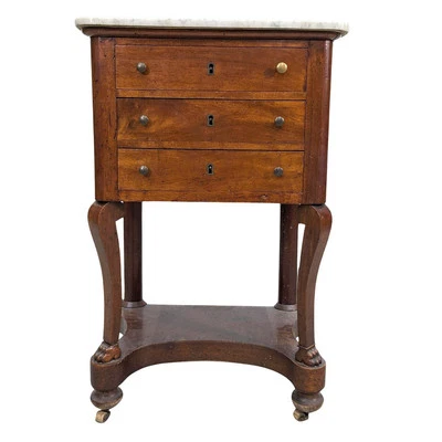 Chevet à tiroirs d'époque restauration en noyer marbre blanc - Photo 1/4