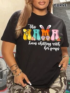 Women's Casual T-shirt, Easter Rabbit Mama Slogan Print Round Neck Short Tee Top - Picture 1 of 13
