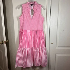J Crew Dress Women XXS Pink Sleeveless Tiered Popover Mixed Stripe Pockets NWT - Picture 1 of 12