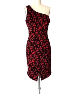 Kensie Sheath Dress 8 One Shoulder Red Black Geometric Satin Cocktail Party - Picture 1 of 7