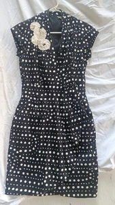 Vntg Look Melonie Cocktail Dress, Black White Abstract Polkadots Sz. 2, Pockets - Picture 1 of 21