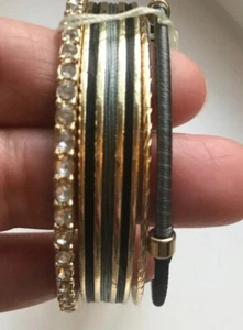 JESSICA SIMPSON GRAY & BLACK Gold Colorwheel Wrapped Cord Stacked Bracelet - NWT - Picture 1 of 5
