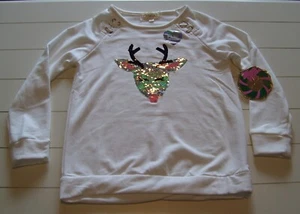 Girls Btween Soft Cozy White Flip Sequin Reindeer Sweatshirt Sz 12 - Picture 1 of 5