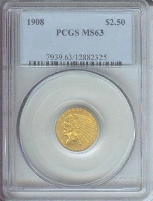 1908 $2.5 INDIAN PCGS MS63 MS-63 BETTER DATE FIRST YEAR of ISSUE Older Holder !! - Image 1 of 4