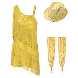 Kids Girls Sequin Salsa Latin Dance Dress Tassel Fringe Dress with Gloves Hat - Picture 1 of 66
