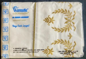PAIR Vintage Wamsutta Ultracale Gold Embroidered White Standard Pillowcases NOS - Picture 1 of 5